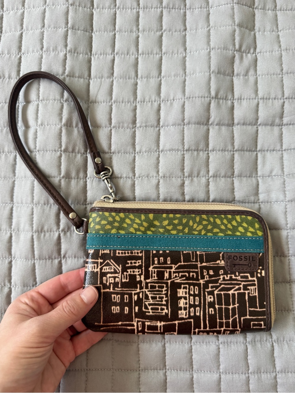 Fossil Brown Wristlet with Teal and Olive-Green Accents